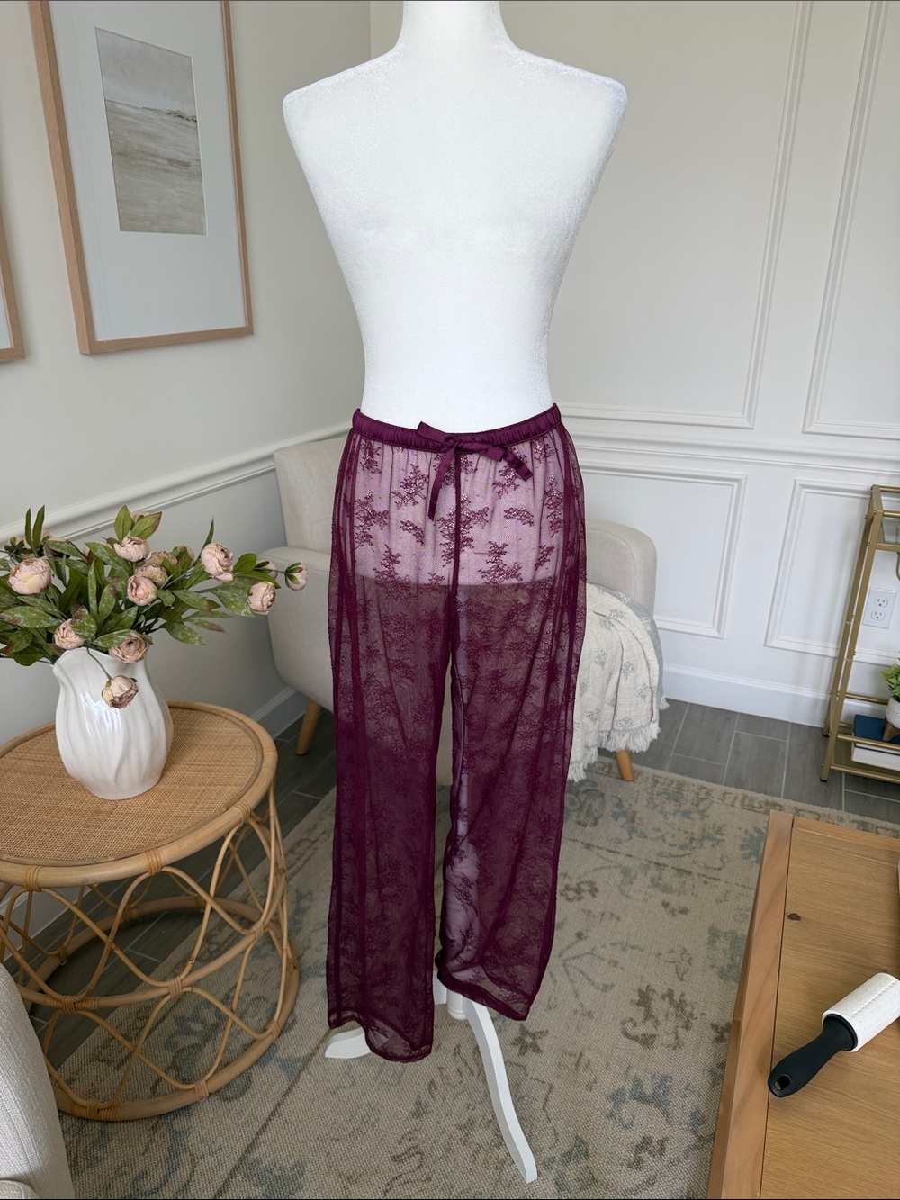 Victoria's Secret Sheer Lace Cover-Up Pants Burgundy Resort Lingerie M - Picture 2 of 13